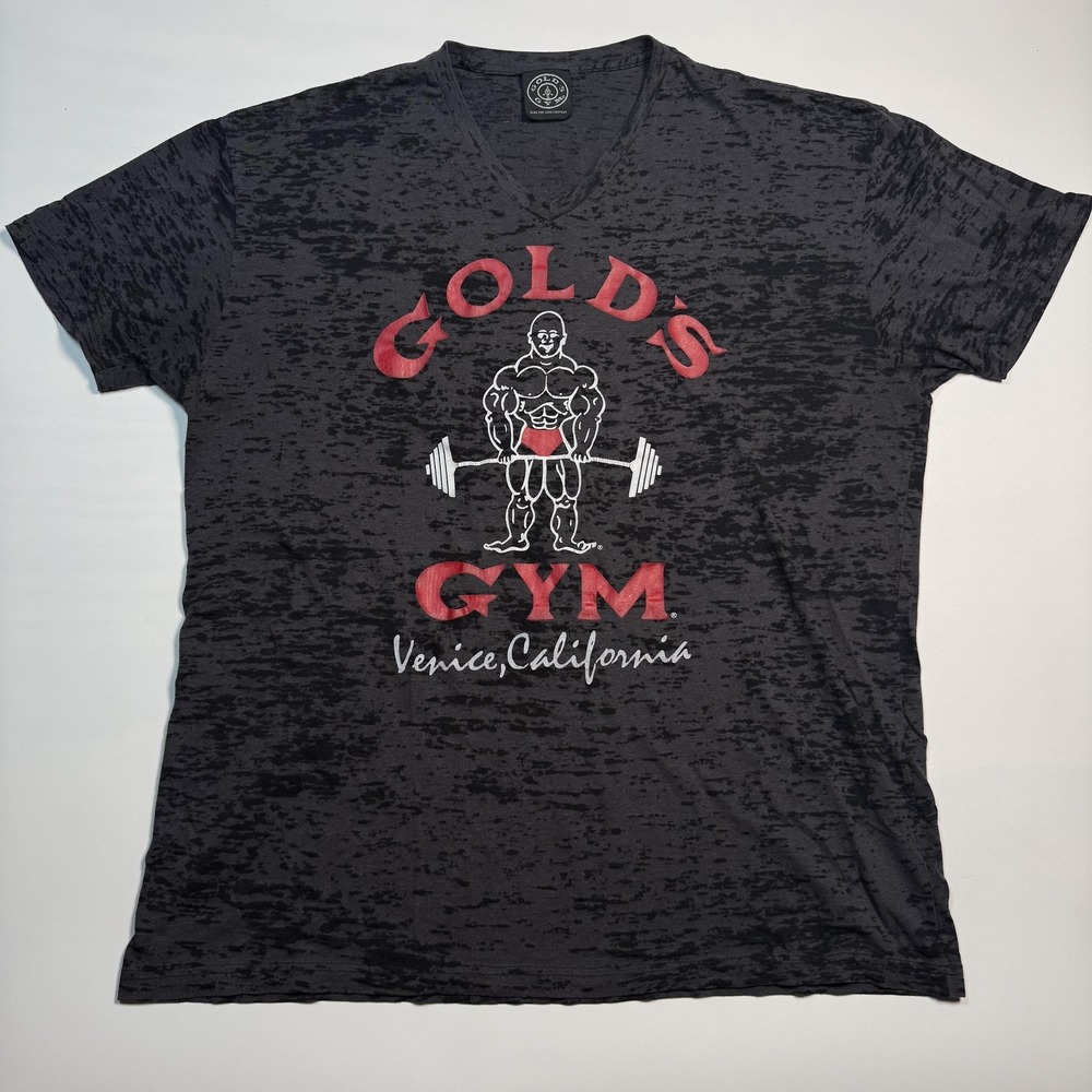 Gold's Gym Shirt Mens 2XL Black Venice California V Neck Burnout Graphic Tee